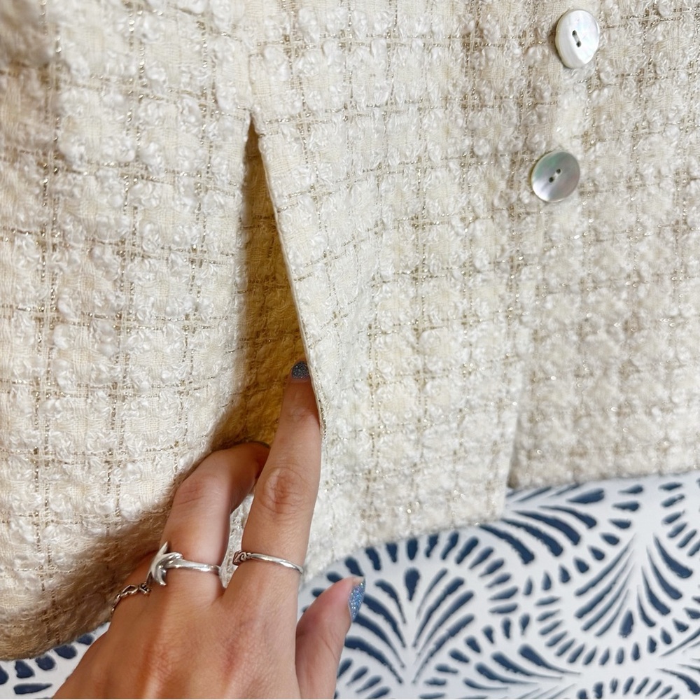 Nina McLemore Metallic Stitch Windowpane Tweed Ivory Silk Lined Blazer - Picture 7 of 16